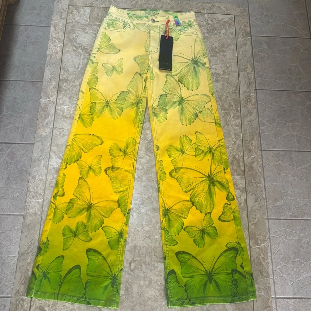 NWT VBRT Vibrant Miu Butterfly Print Yellow Green Wide Leg Fairycore Jeans S - Picture 7 of 13